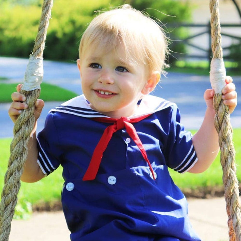 Petit Ami Navy Sailor Romper with Red Tie - Picture 5 of 7